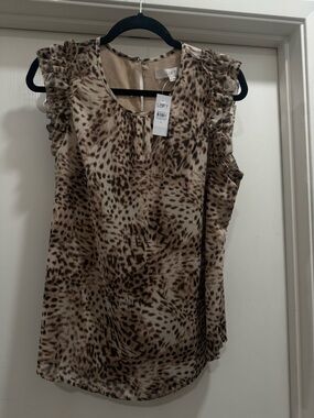 LOFT Beige and Brown Leopard Print Ruffle Sleeve Shell